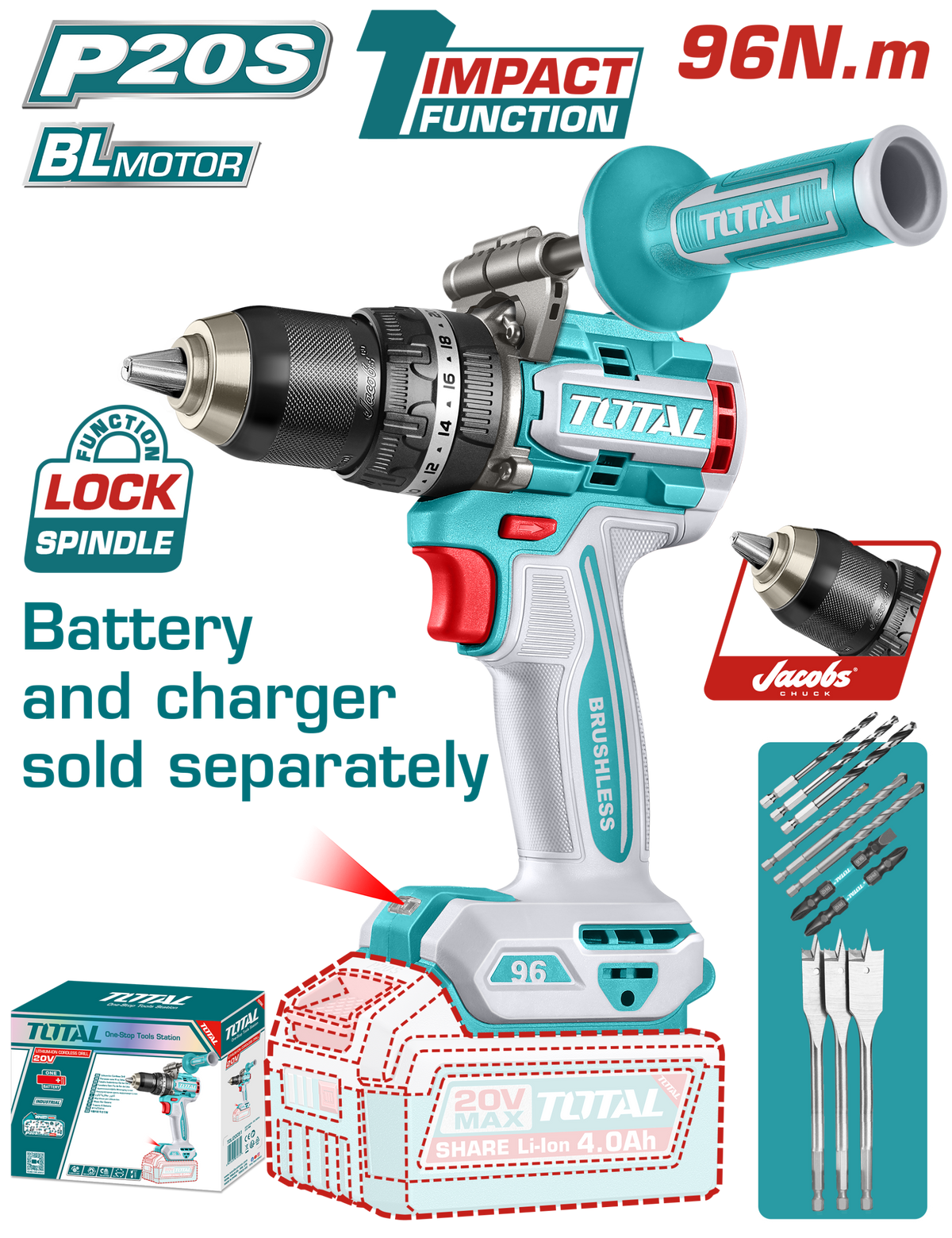 TOTAL Brushless Cordless Impact Drill 20V – 96Nm – Metal Chuck – Battery & Charger Sold Separately (TIDLI209685)