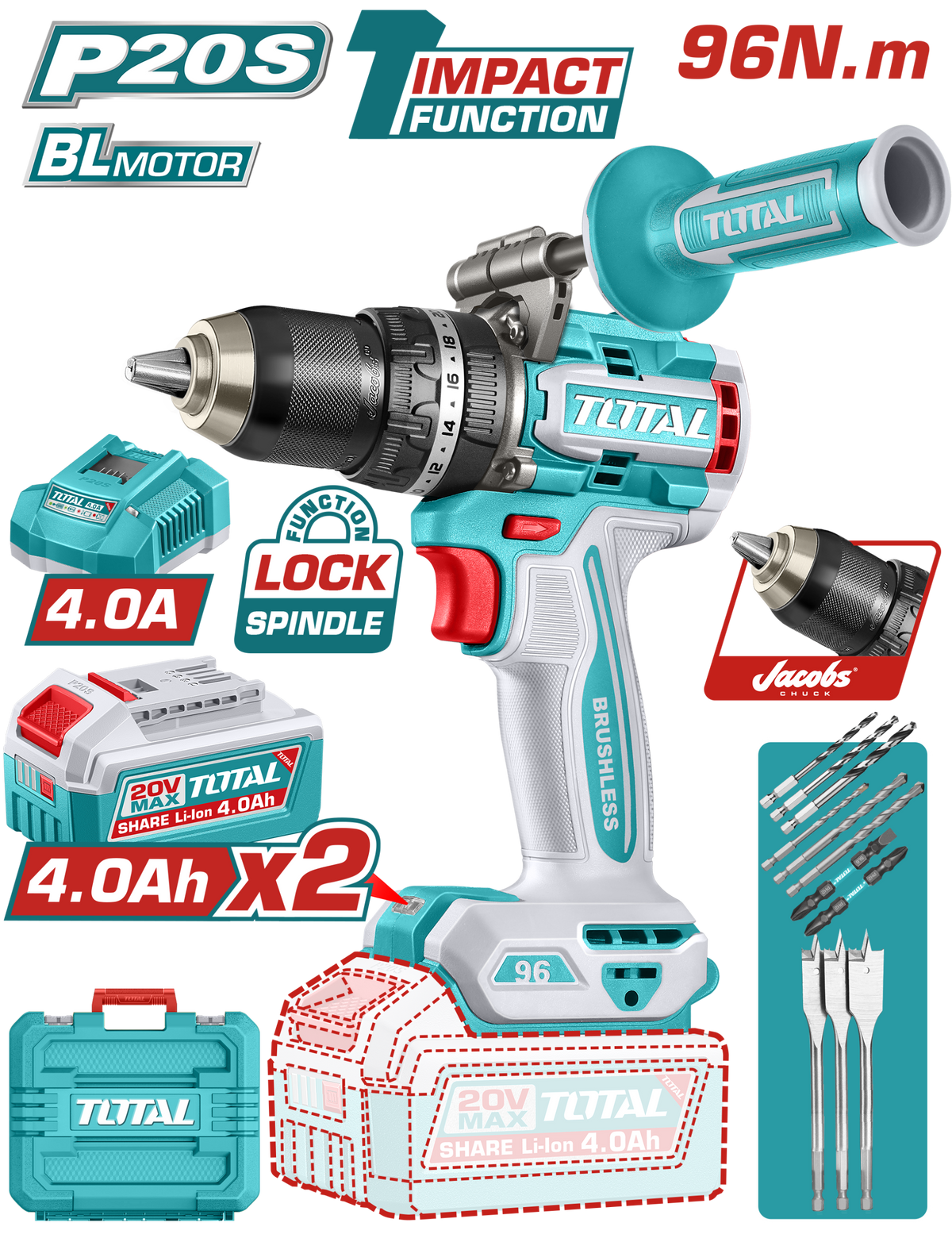TOTAL Brushless Cordless Impact Drill 20V – 96Nm with 2×4.0Ah Batteries (TIDLI209686)