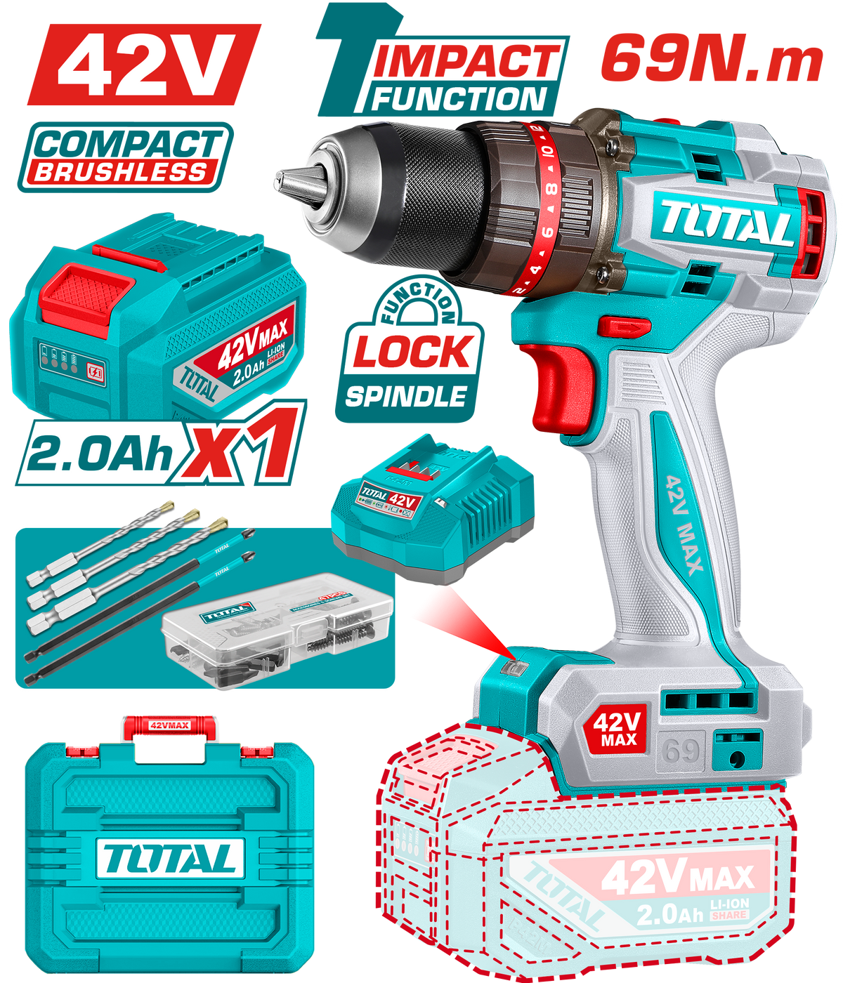 TOTAL 42V Compact Brushless Cordless Impact Drill – 69Nm Torque, 2-Speed Gear (TIDLI426981)