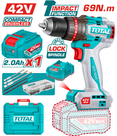 TOTAL 42V Compact Brushless Cordless Impact Drill – 69Nm Torque, 2-Speed Gear (TIDLI426981)