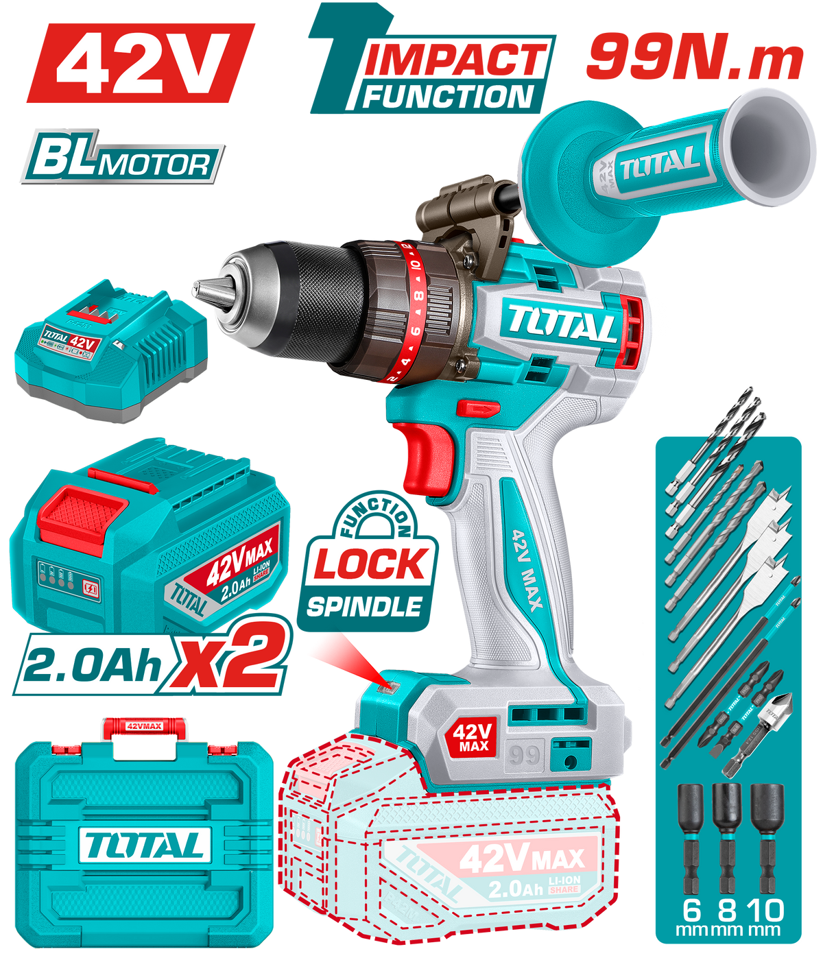 TOTAL 42V Brushless Cordless Impact Drill – 99Nm Torque, 2-Speed Gear (TIDLI429982)