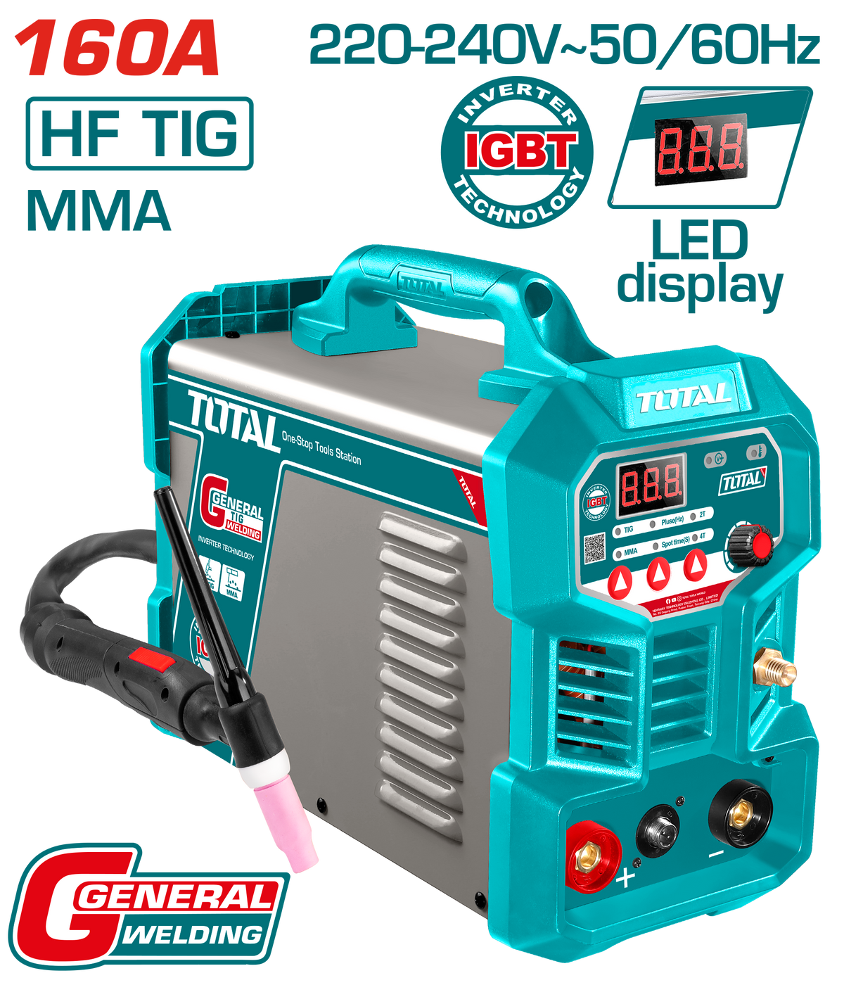 TOTAL Inverter TIG/MMA Welding Machine – 160A, Pulse & Spot Functions, LCD Display (TIG16058)