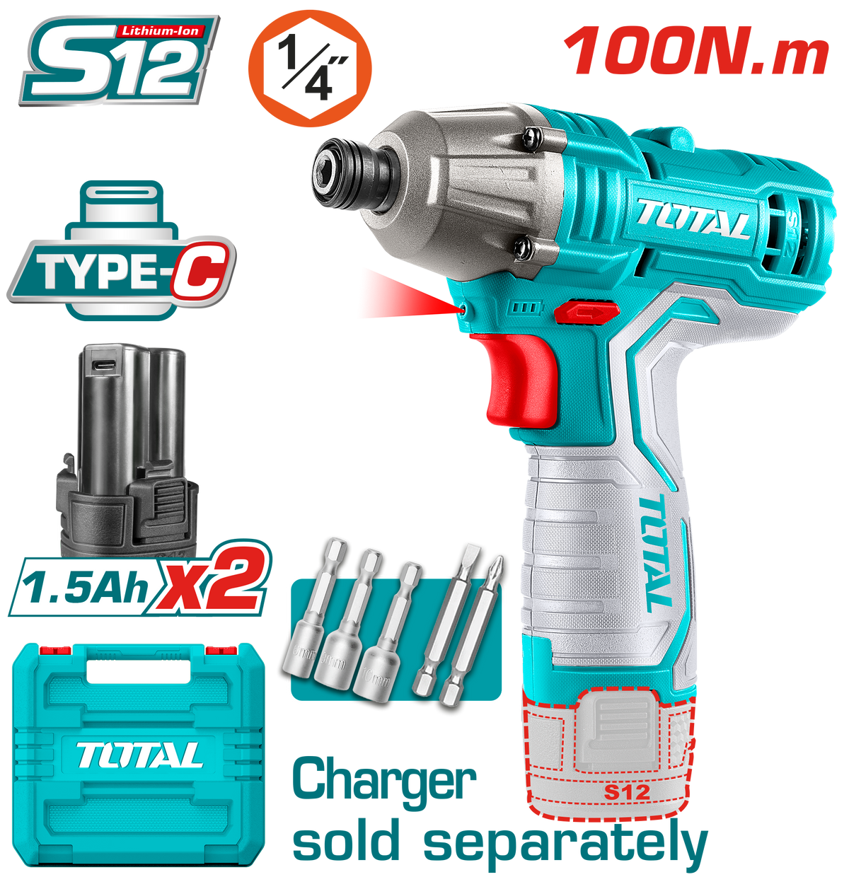 TOTAL 12V Cordless Impact Driver – 100Nm Torque, 2800bpm, 2×1.5Ah Batteries (TIRLI12015)