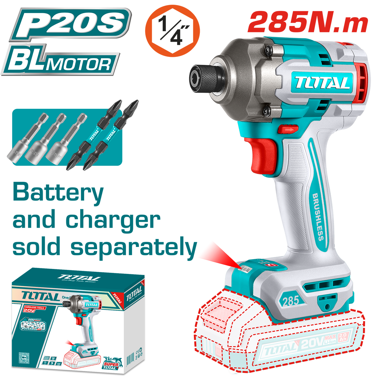 TOTAL Brushless Cordless Impact Driver 20V – 285Nm Hex Impact Driver - Without Battery & Charger (TIRLI20281)