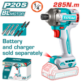 TOTAL Brushless Cordless Impact Driver 20V – 285Nm Hex Impact Driver - Without Battery & Charger (TIRLI20281)