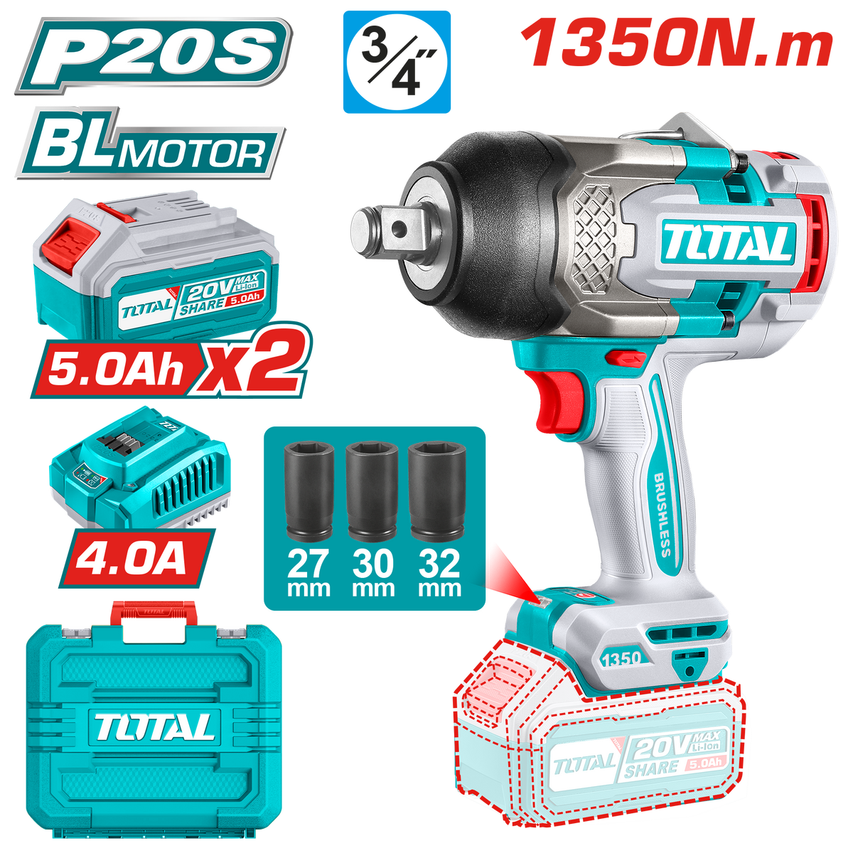 TOTAL Cordless Impact Wrench Brushless 1350N.m | 3/4" (TIWLI20135)