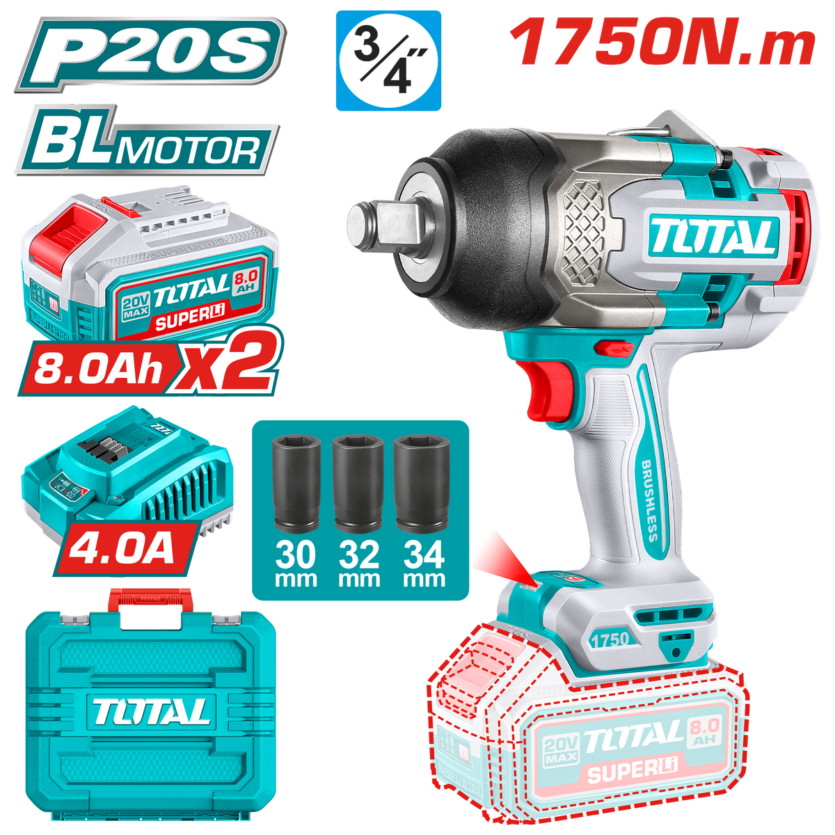 TOTAL Cordless Impact Wrench 20V Brushless – 3/4” | 1750Nm (TIWLI20175)