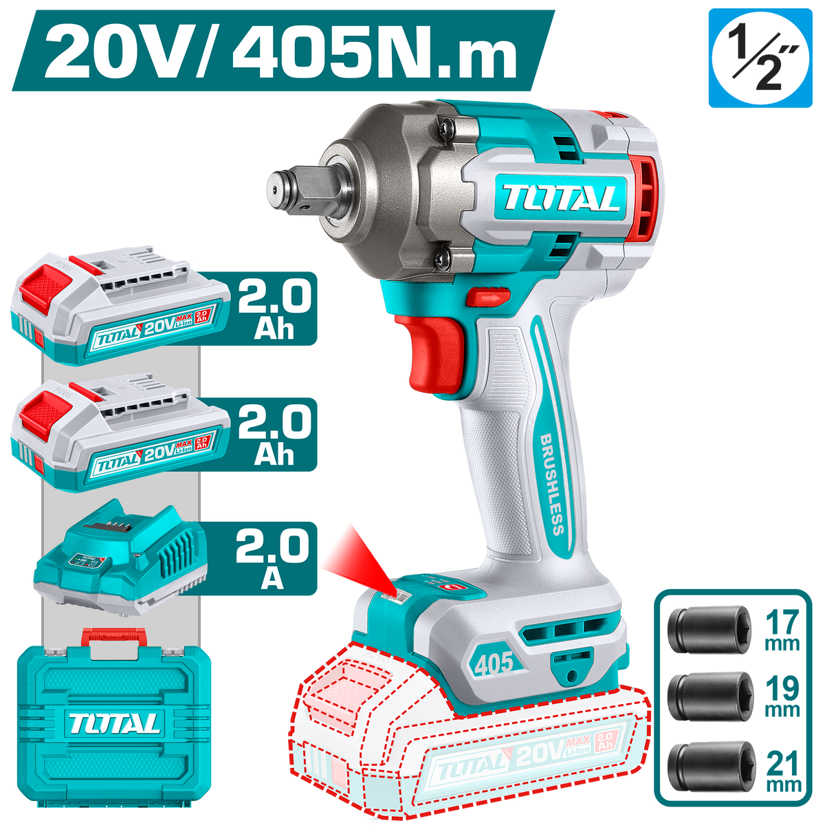 TOTAL 20V Brushless Cordless Impact Wrench 1/2" – 405Nm Fastening & 555Nm Breakaway Torque with 2 Batteries (TIWLI2045)