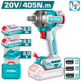 TOTAL 20V Brushless Cordless Impact Wrench 1/2" – 405Nm Fastening & 555Nm Breakaway Torque with 2 Batteries (TIWLI2045)