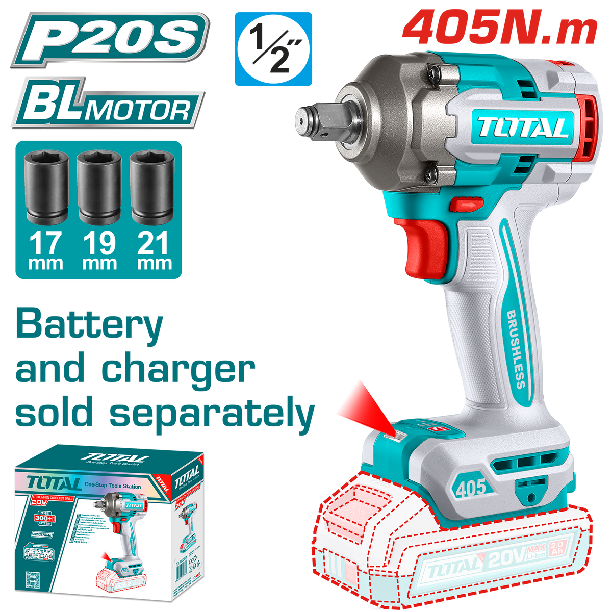 TOTAL Cordless Impact Wrench – Brushless, 1/2" Drive, 405Nm - Battery & Charger Sold Separately (TIWLI20451)