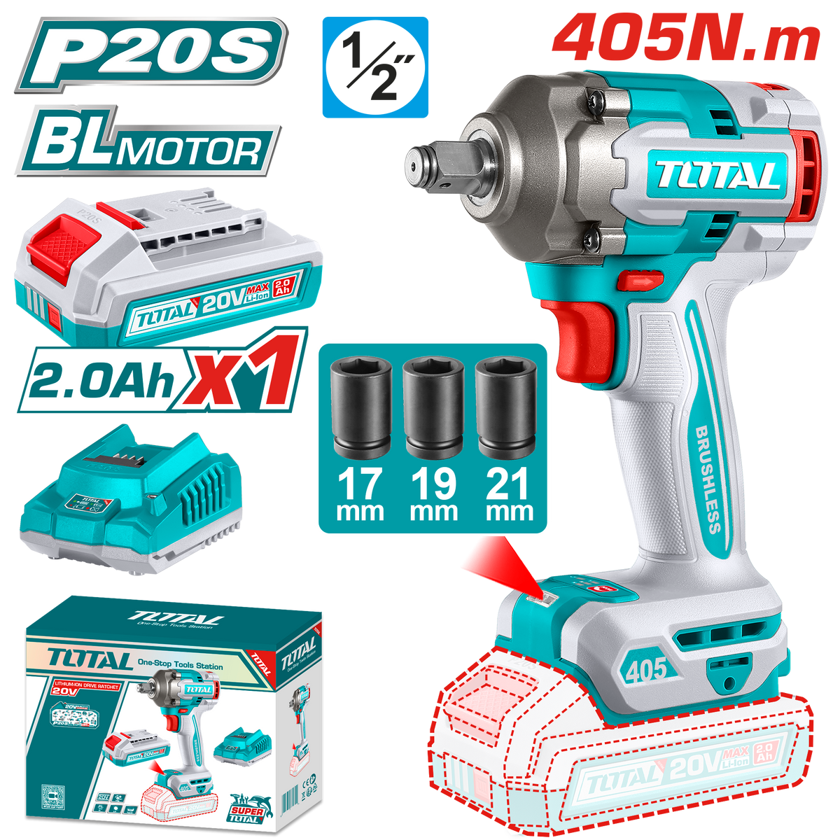 TOTAL Cordless Impact Wrench 20V – 405Nm – Brushless – 1/2" Square Drive (TIWLI20455)
