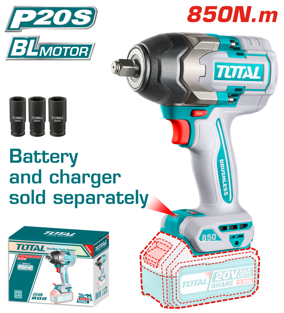 TOTAL Cordless Impact Wrench Brushless Motor 850N.m | 1/2" - Battery & Charger Sold Separately (TIWLI20851)