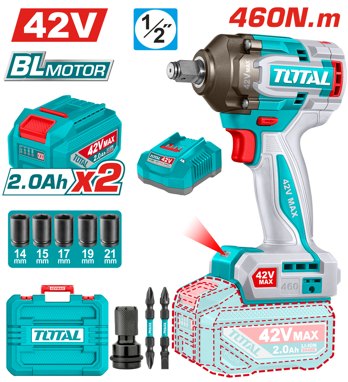 TOTAL Cordless Brushless Impact Wrench 42V – 1/2" Drive 460Nm with 2 Batteries (TIWLI42462)