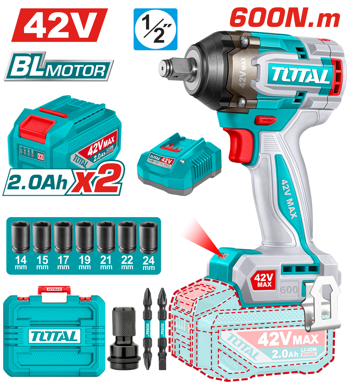 TOTAL 42V Cordless Impact Wrench – Brushless Motor, 1/2" Drive, 600Nm Torque, 3-Speed (TIWLI42602)