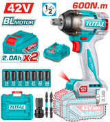 TOTAL 42V Cordless Impact Wrench – Brushless Motor, 1/2" Drive, 600Nm Torque, 3-Speed (TIWLI42602)