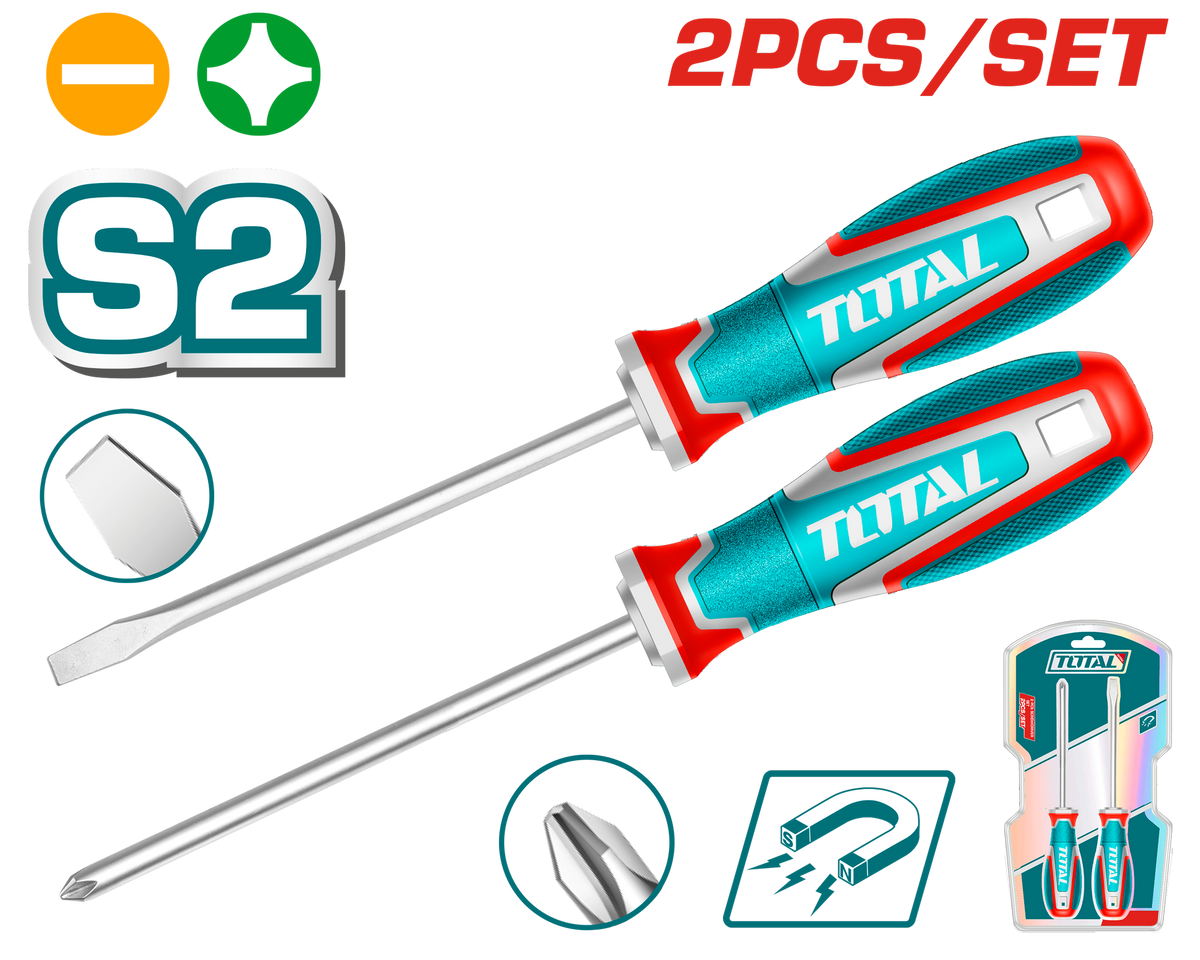 TOTAL 2 Pcs Screwdriver Set – S2 Steel – Magnetic Tips (TKSDS0226)