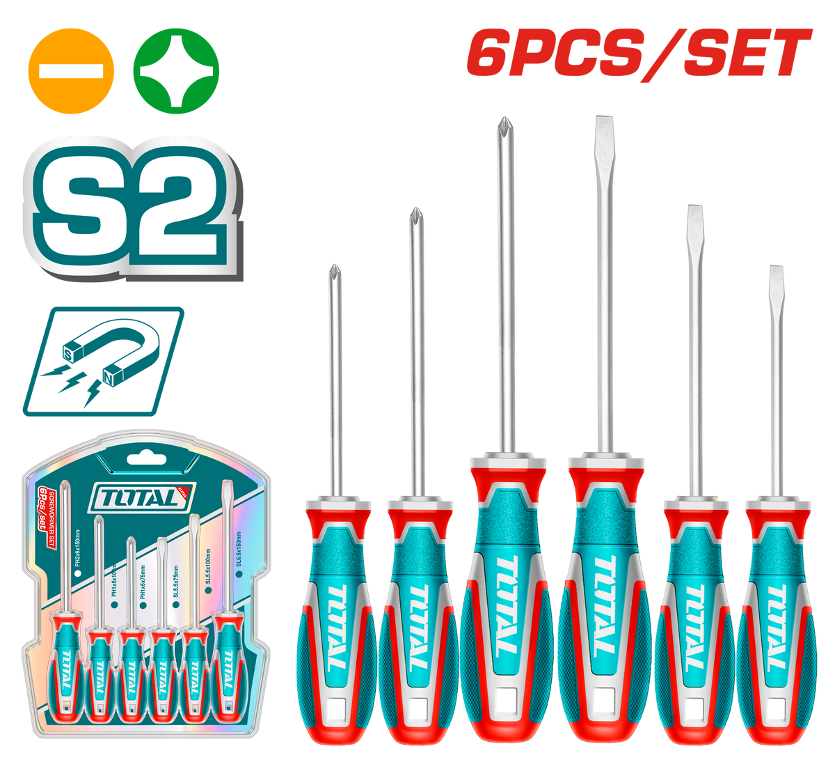TOTAL 6 Pcs Screwdriver Set – S2 Steel, Magnetic Tips, Ergonomic Handle, SL & PH Types (TKSDS0626)