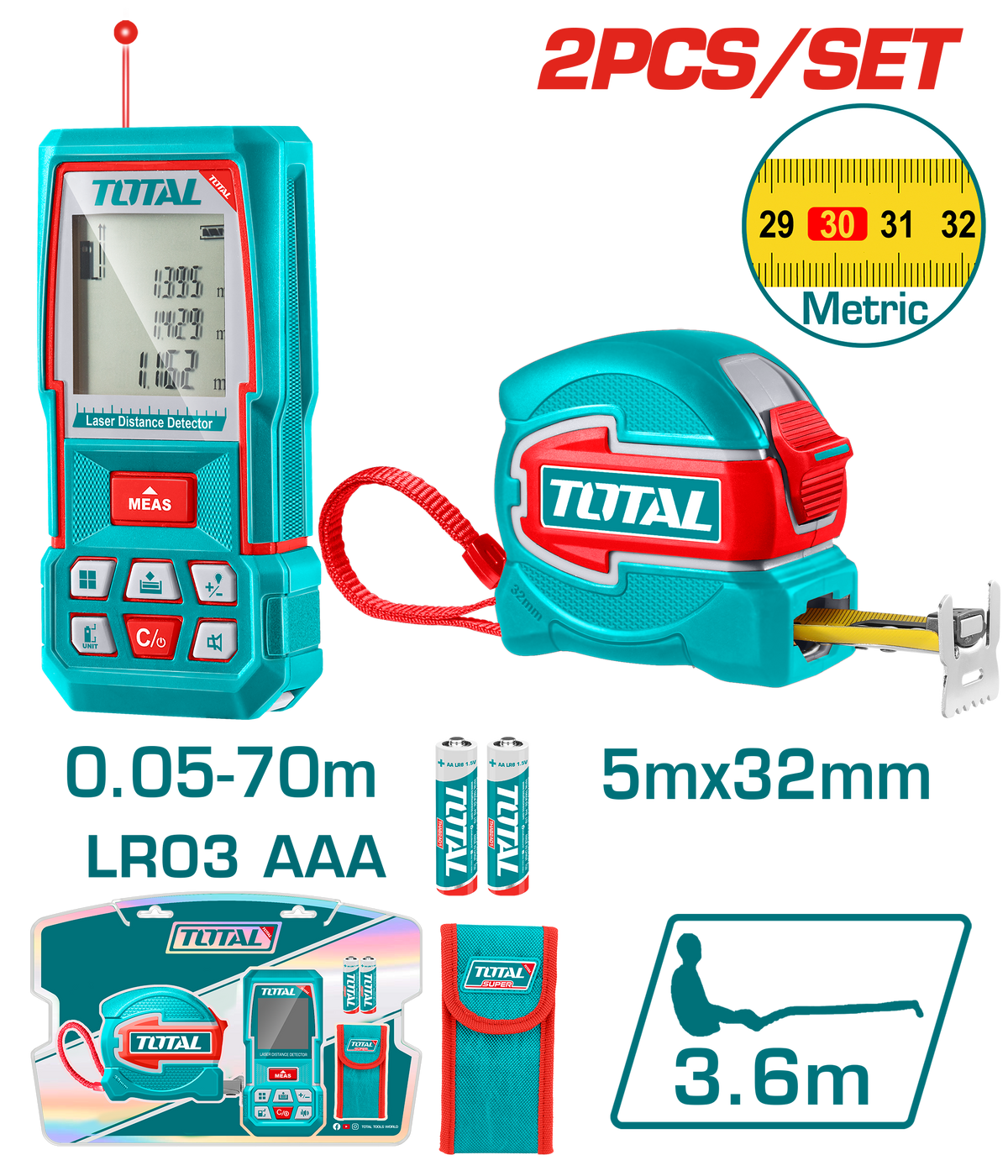 TOTAL Laser Distance Detector Combo Kit – 70m Range + 5m Steel Measuring Tape (TLDD241201M)