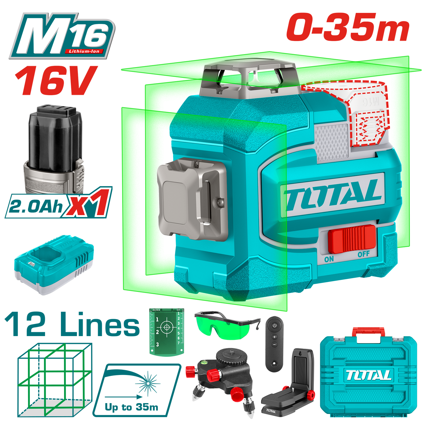 TOTAL 16V Cordless 3D Green Laser Level, 360° Lines