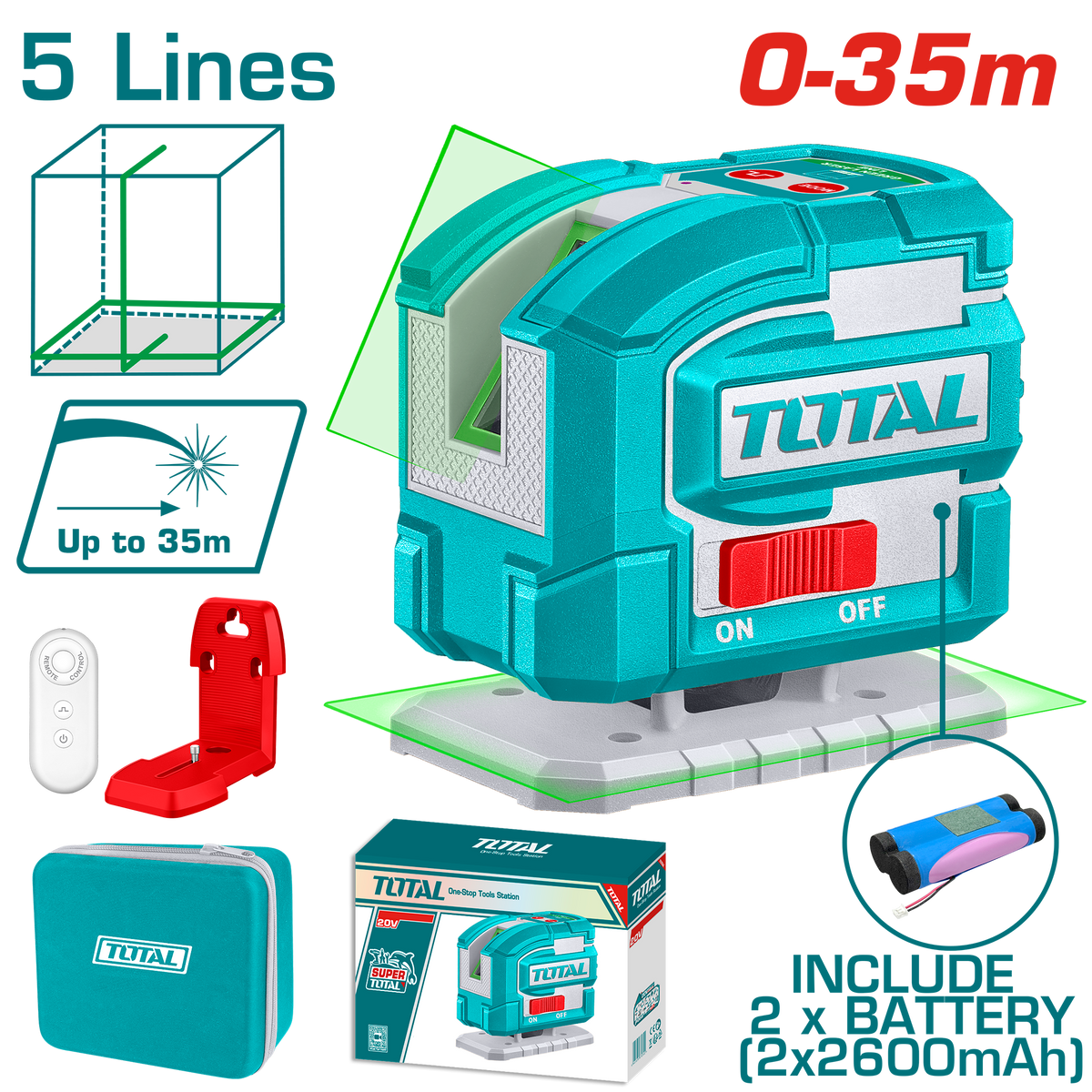 TOTAL Self-Leveling Line Laser Green 360° with Remote Control 0-35m (TLL306502)