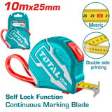 TOTAL Steel Measuring Tape 10m × 25mm – Self-Lock, Metric Scale, Double Button (TMT1262101M)