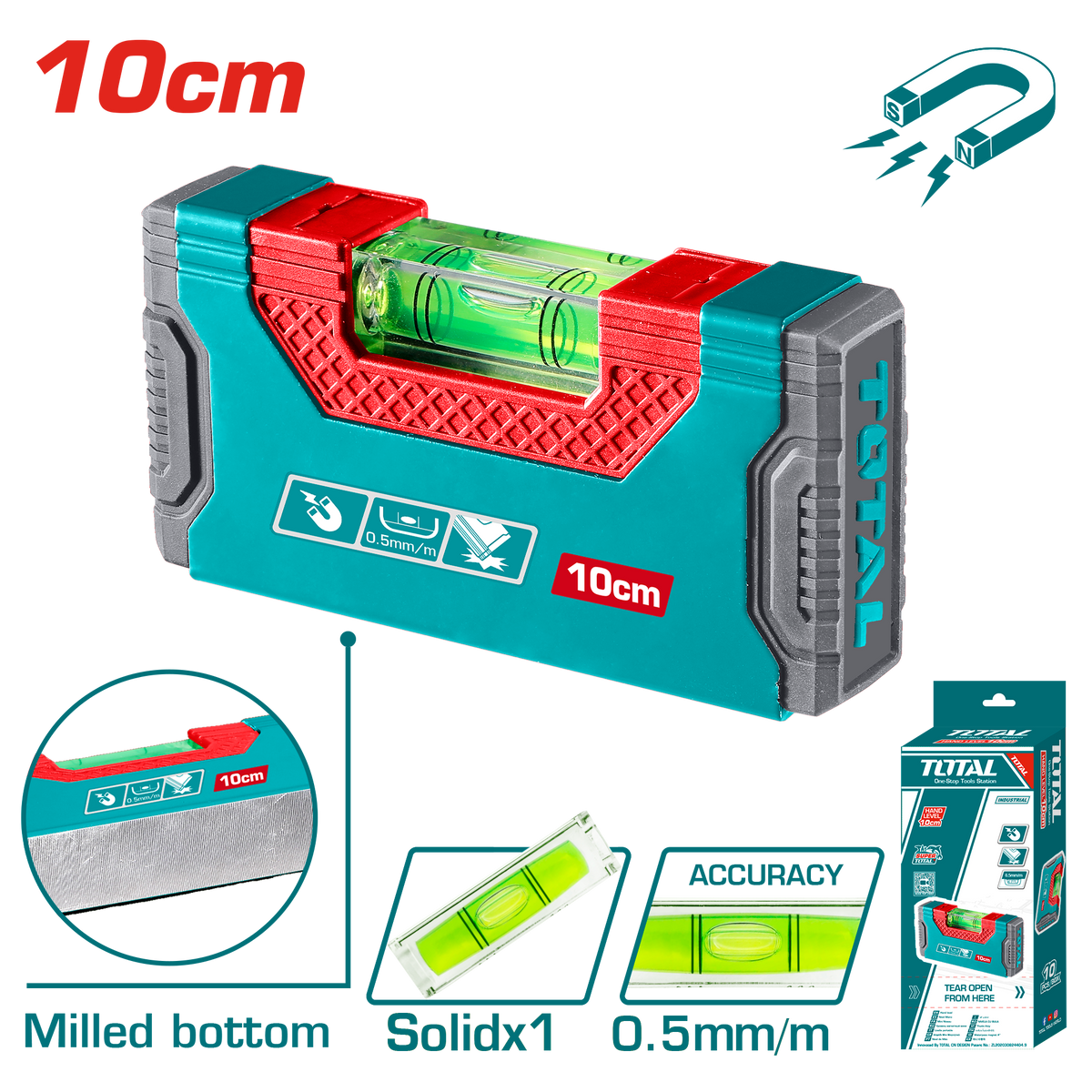 TOTAL Hand Level 10cm – Magnetic Mini Spirit Level with Acrylic Vial (TMT205101)