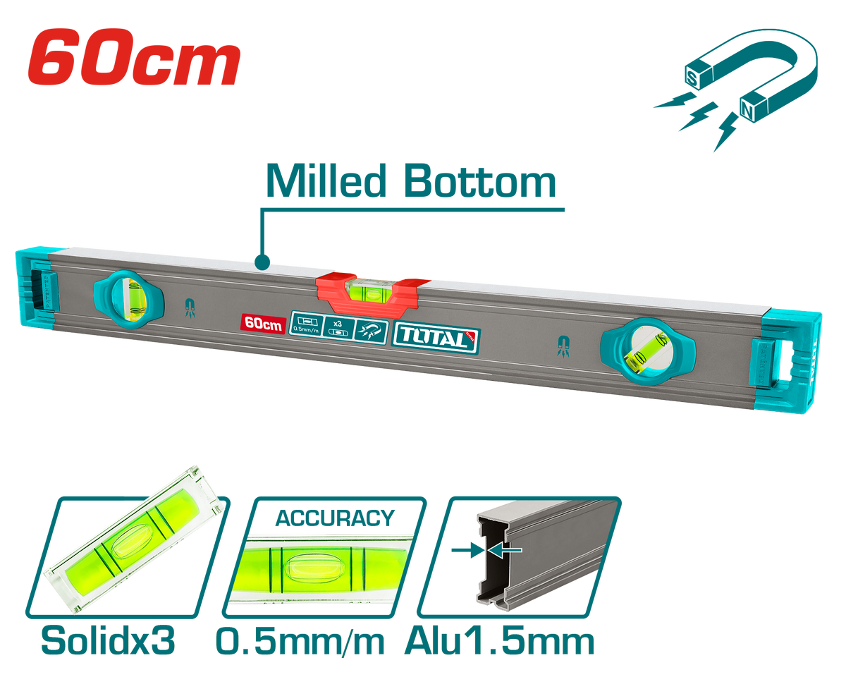 TOTAL Spirit Level 60cm with Powerful Magnets – 0.5mm/m Accuracy Double Milled (TMT26028M)
