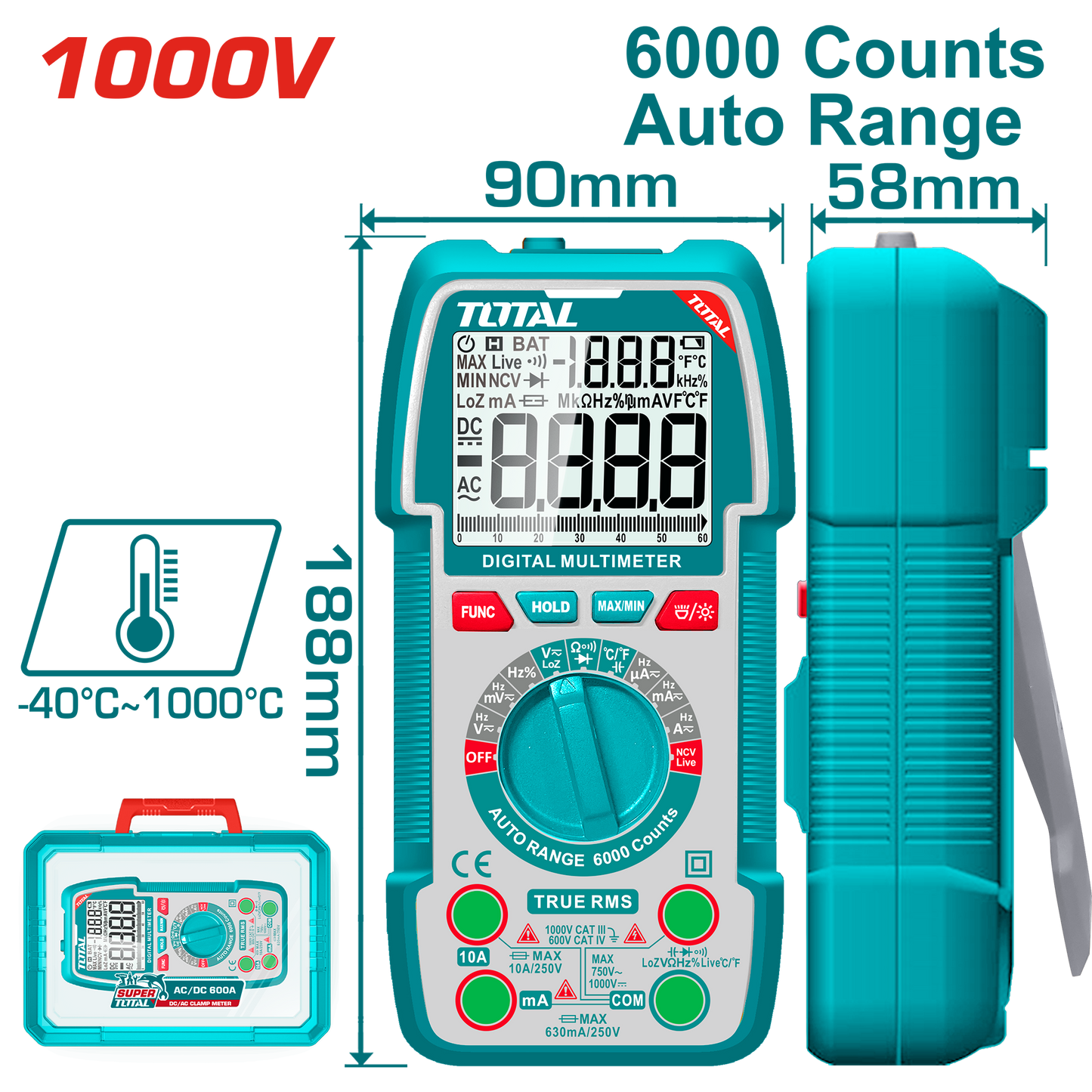 ملتيميتر رقمي 1000 فولت TRMS 6000 – أوتو رينج، قياس درجة حرارة من توتال