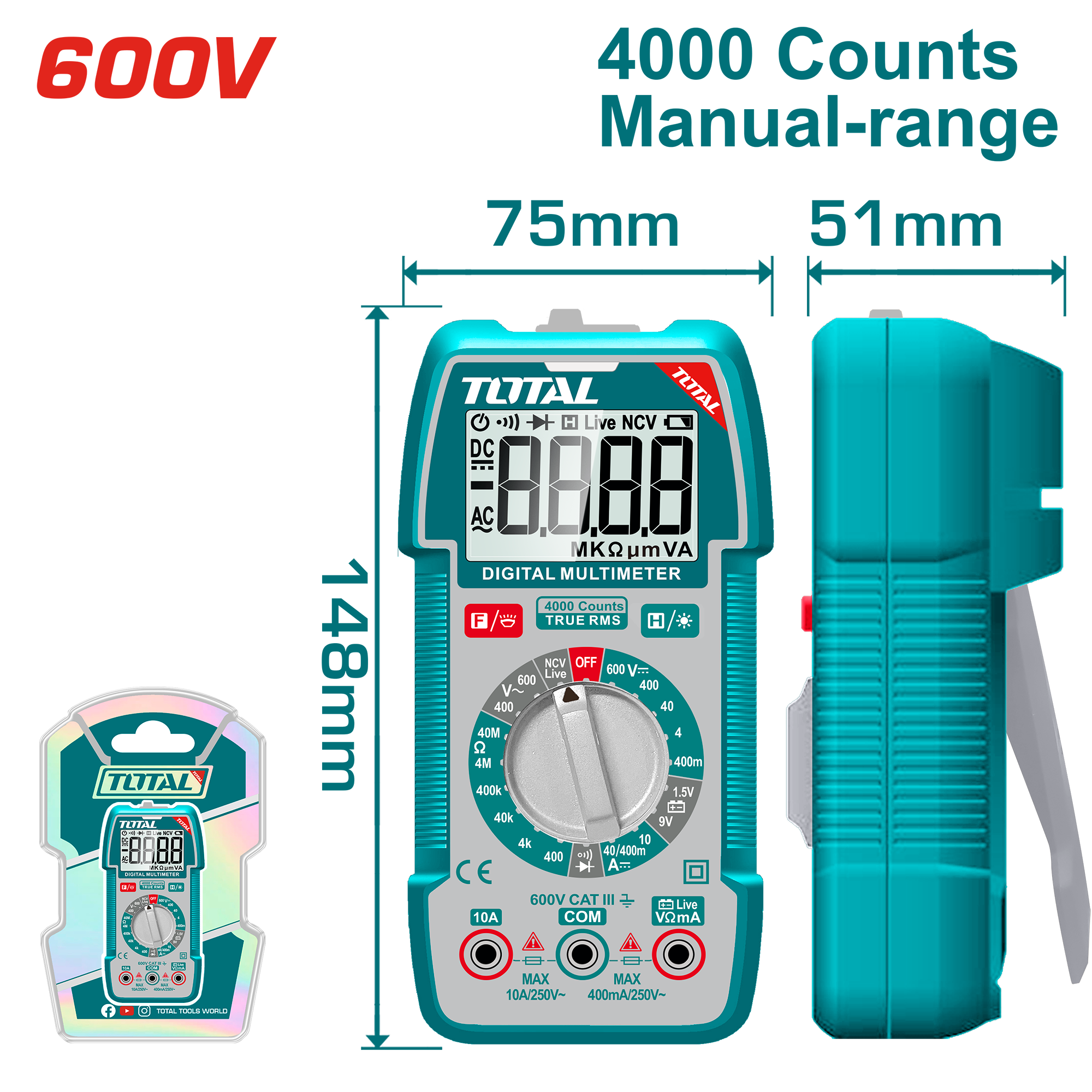 TOTAL Digital Multimeter 600V, TRMS 4000 Counts, DC/AC Voltage