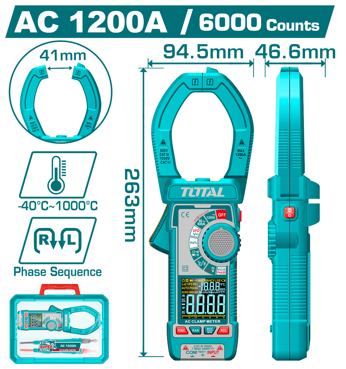 TOTAL Digital AC Clamp Meter 1200A – True RMS 6000 Counts with Color Display (TMT7610001)
