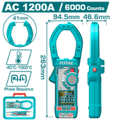 TOTAL Digital AC Clamp Meter 1200A – True RMS 6000 Counts with Color Display (TMT7610001)