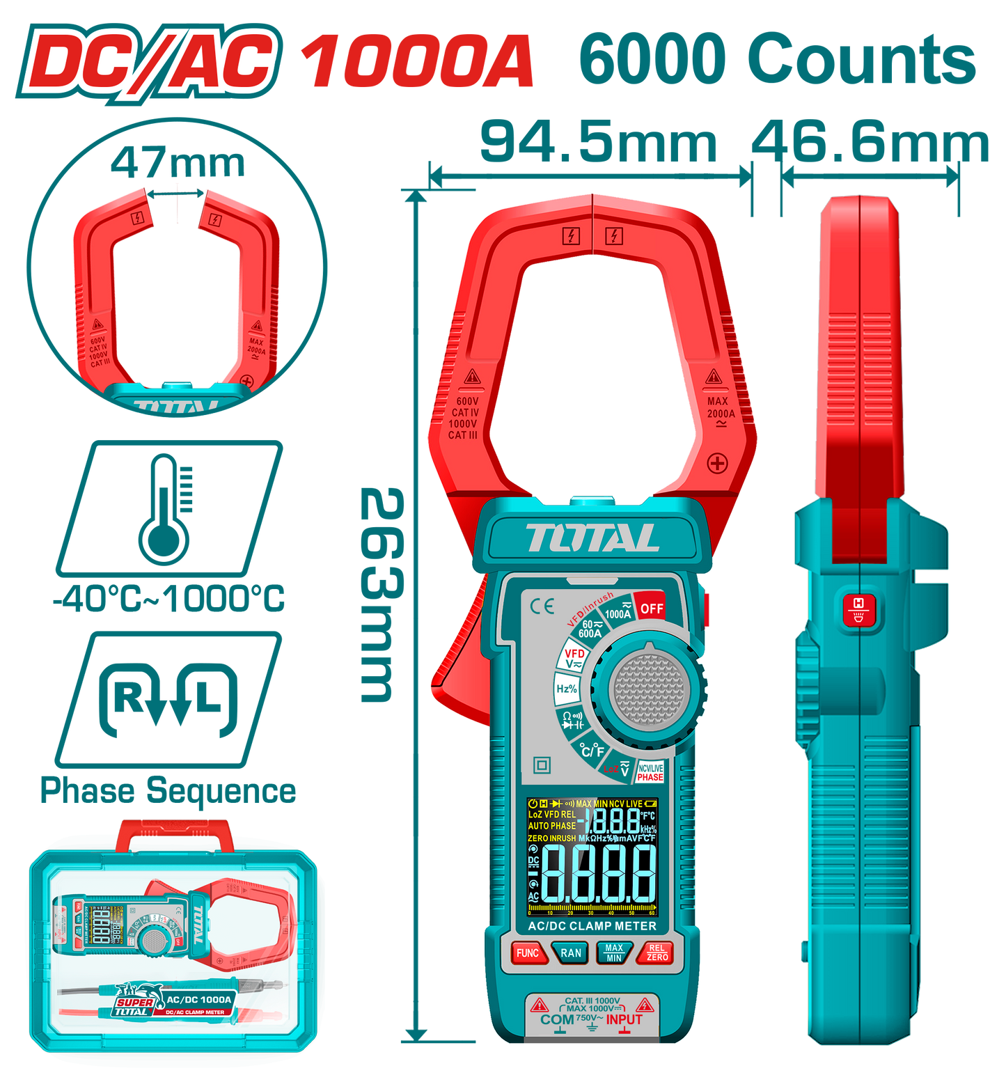 Total TMT7610002 DC/AC Clamp Meter with TRMS 6000 Counts Display