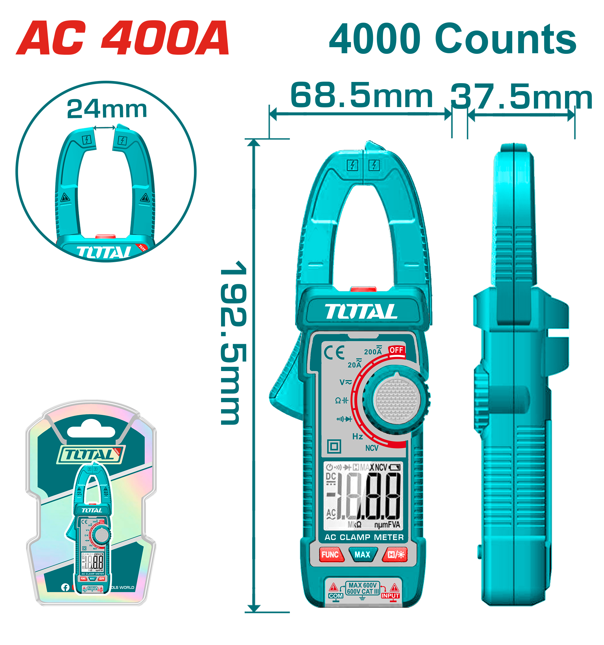 TOTAL Digital AC Clamp Meter 400A – TRMS 4000 Counts.