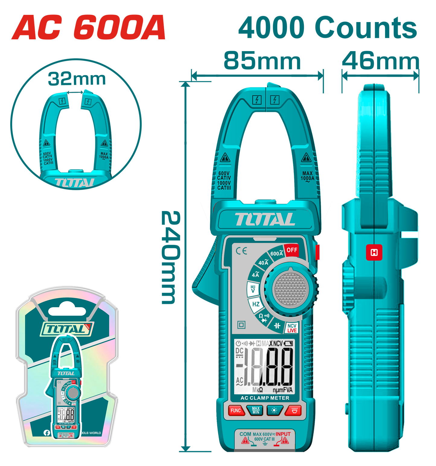 TOTAL Digital AC Clamp Meter 600A – TRMS 4000 Counts