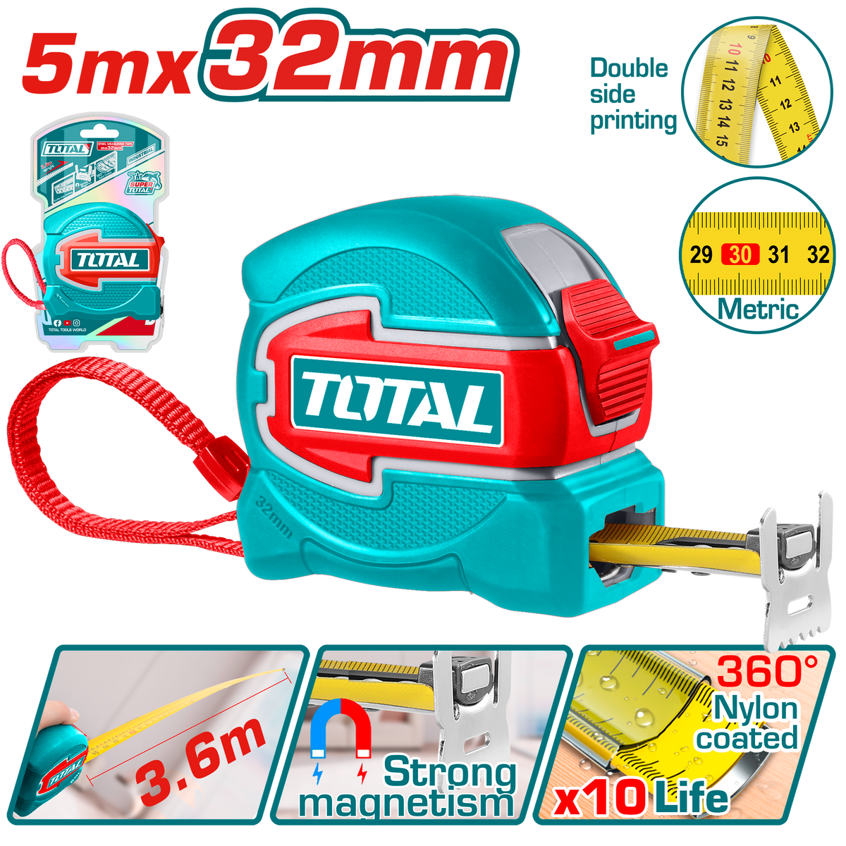 TOTAL Steel Measuring Tape 5m x 32mm – Magnetic Hook (TMT80532M)