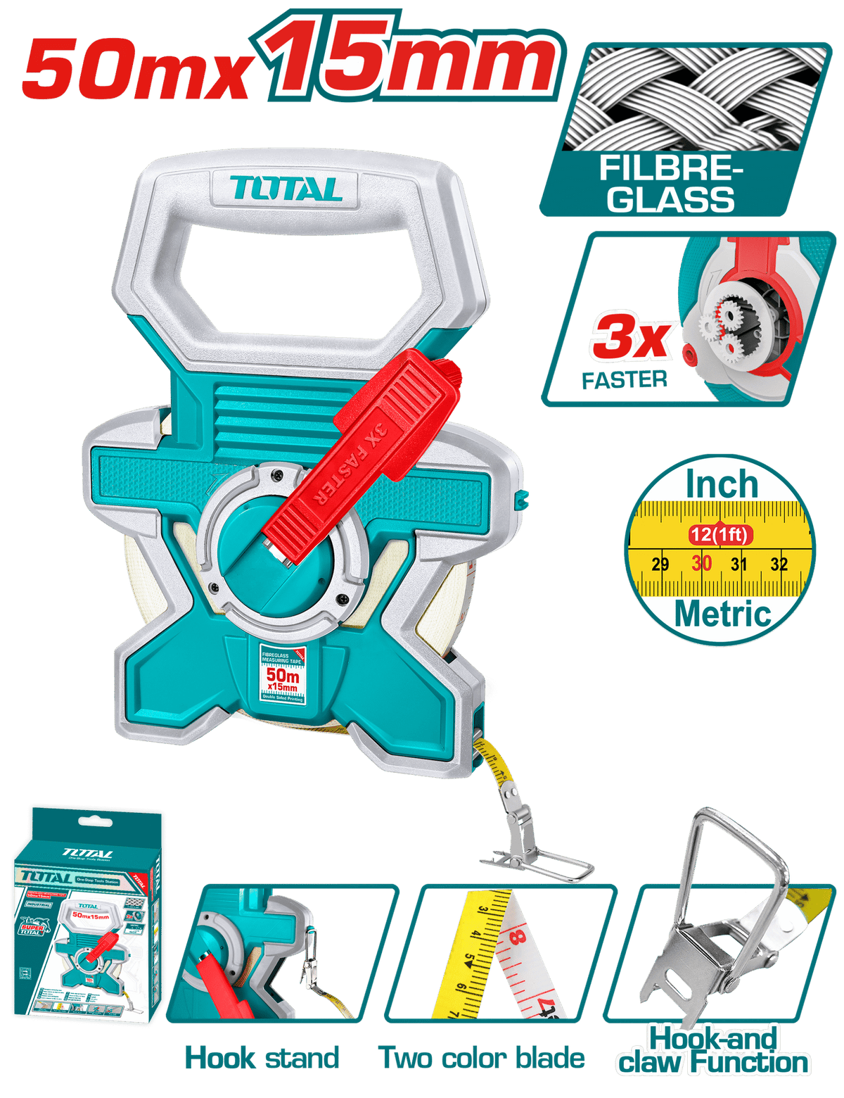 TOTAL Fiberglass Measuring Tape 50m x 15mm – Double-Sided, Fast Rewind, Rubber-Covered (TMTF18506)