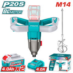 TOTAL 20V Cordless Mixer M14 – 2-Speed Variable Control with 2×4.0Ah Batteries (TMXLI20162)
