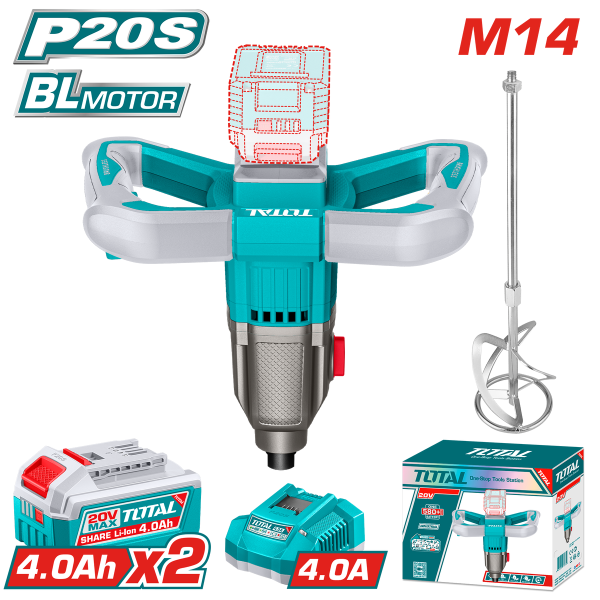 TOTAL 20V Cordless Mixer M14 – 2-Speed Variable Control with 2×4.0Ah Batteries (TMXLI20162)