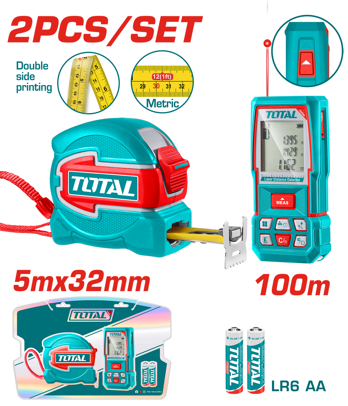 TOTAL Laser Distance Detector Combo Kit – 100m Laser Meter with 5m Magnetic Measuring Tape (TOS250902M)
