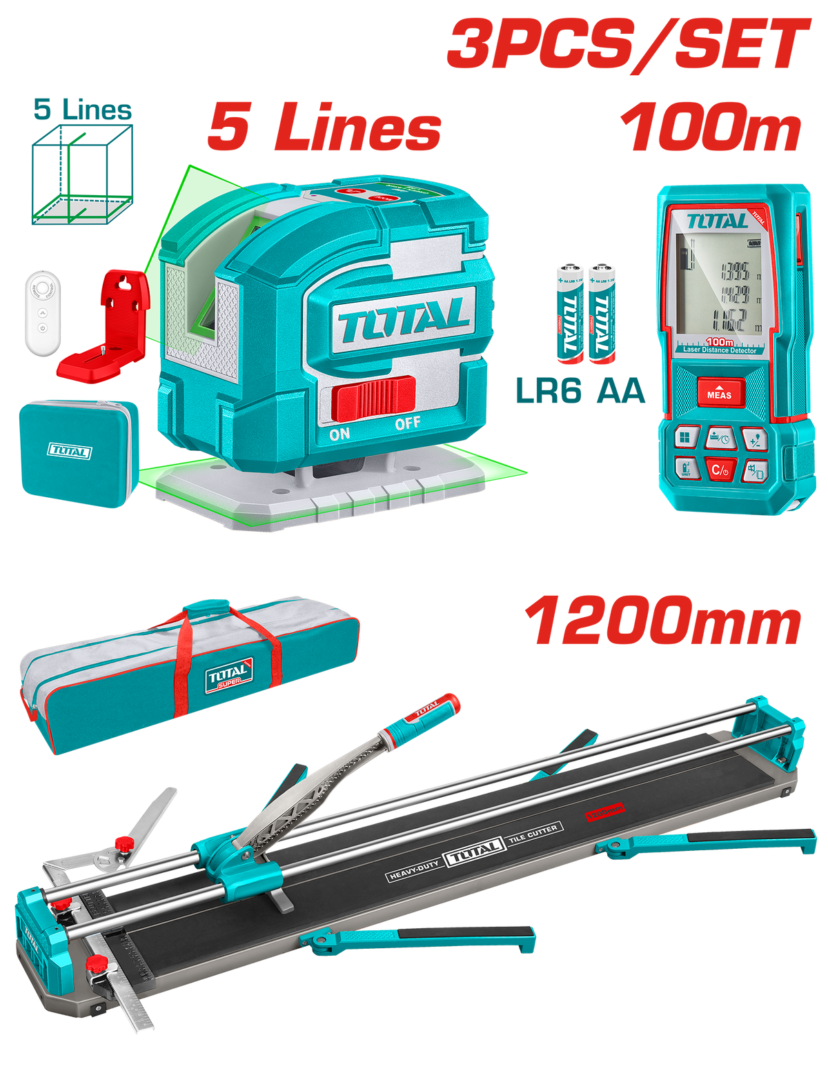 TOTAL 3-in-1 Tile Cutter Kit – 1200mm Tile Cutter, Self-Leveling Laser & 100m Laser Distance Meter (TOS250911)