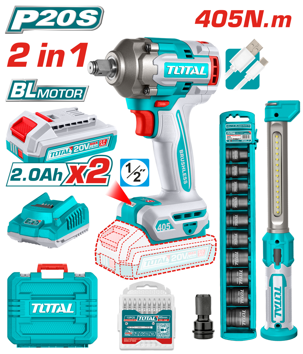 TOTAL Cordless 2 Pcs Combo Kit – Impact Wrench 20V & Work Lamp (TOSLI23056)