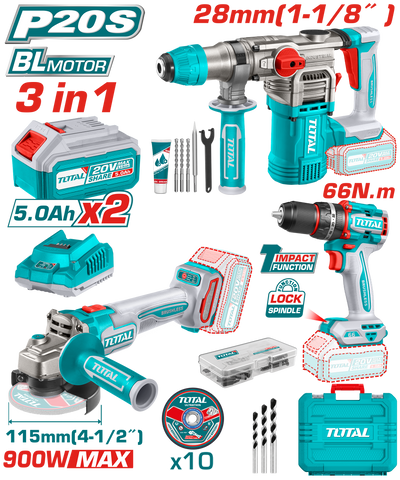 TOTAL 20V Cordless 3 in 1 Combo Kit - Brushless, Full Set