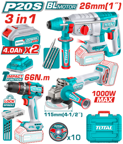 TOTAL Cordless 3 Pcs Combo Kit – 20V Brushless Impact Drill, Angle Grinder & Rotary Hammer (TOSLI241198)