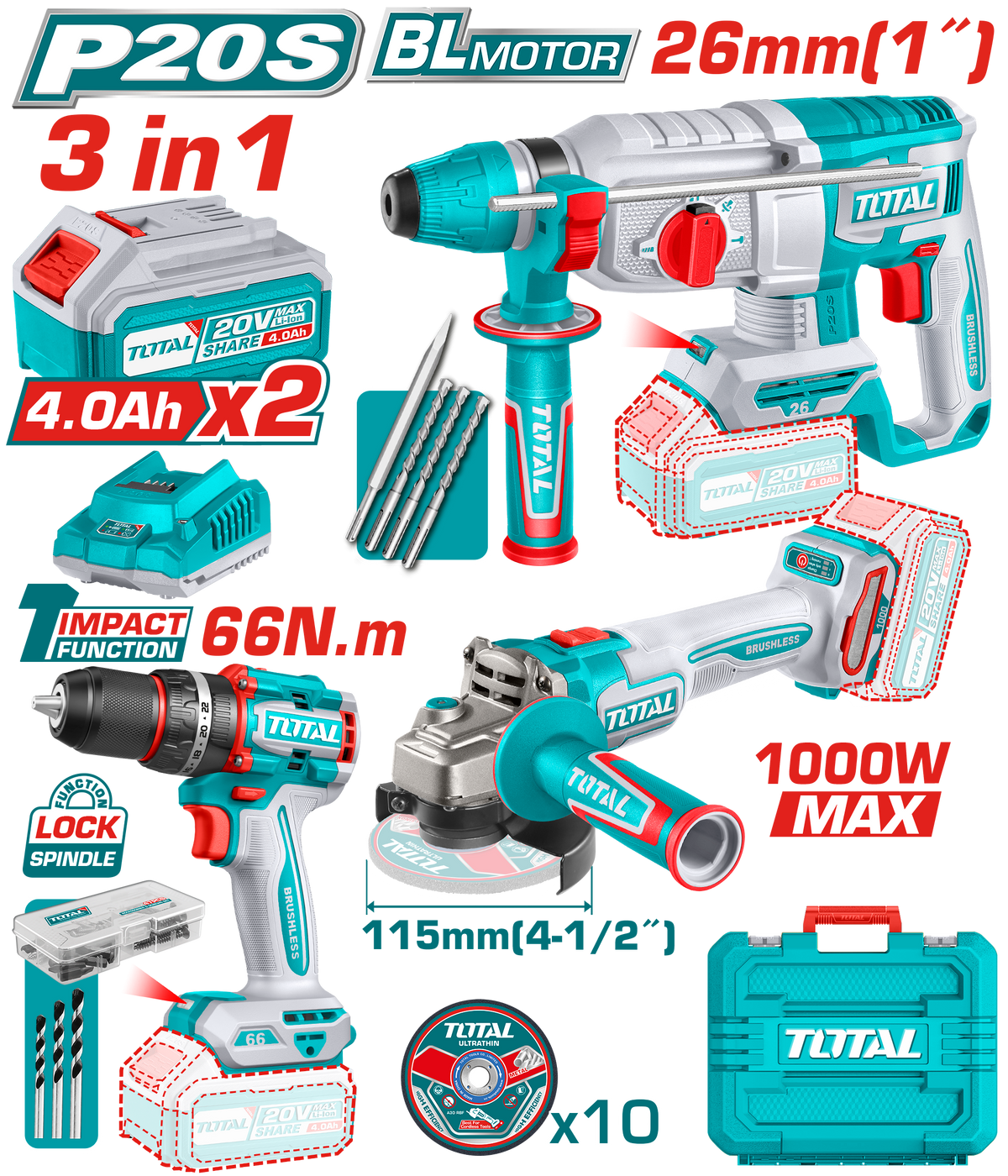 TOTAL Cordless 3 Pcs Combo Kit – 20V Brushless Impact Drill, Angle Grinder & Rotary Hammer (TOSLI241198)