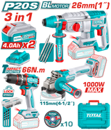 TOTAL Cordless 3 Pcs Combo Kit – 20V Brushless Impact Drill, Angle Grinder & Rotary Hammer (TOSLI241198)