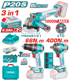 TOTAL Cordless 3 Pcs Combo Kit 20V – Brushless Angle Grinder, Impact Drill & Impact Wrench (TOSLI241291)