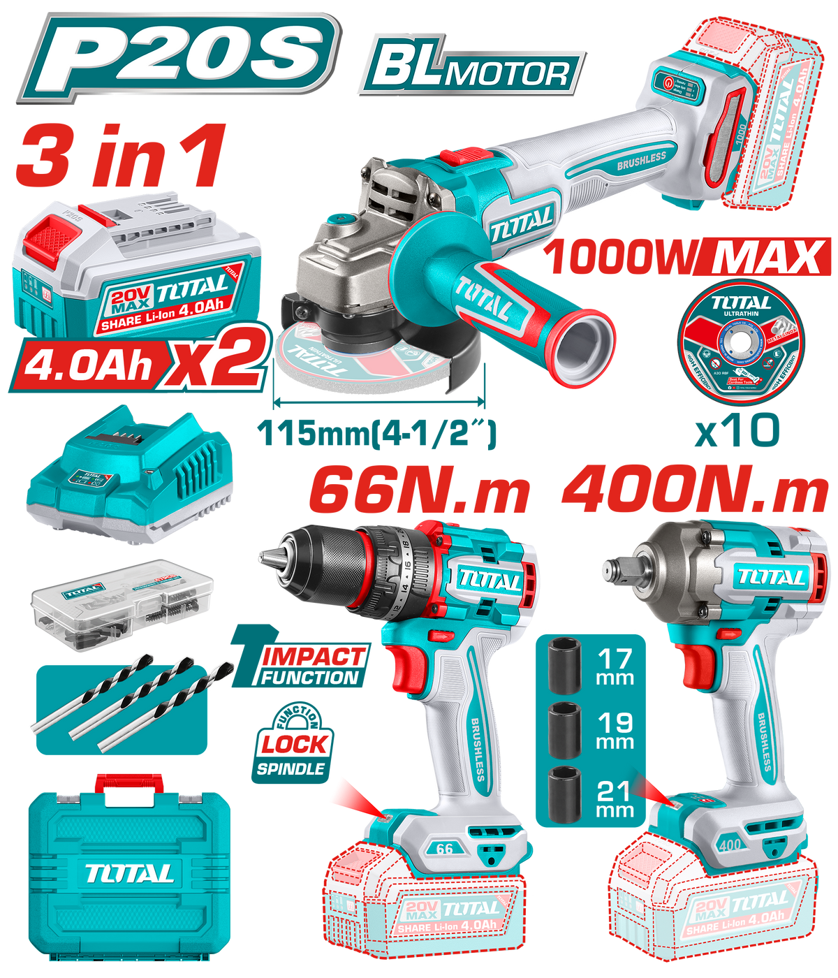 TOTAL Cordless 3 Pcs Combo Kit 20V – Brushless Angle Grinder, Impact Drill & Impact Wrench (TOSLI241291)