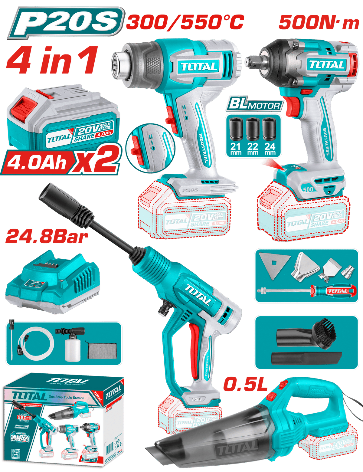 TOTAL Cordless 4Pcs Combo Kit – 20V Heat Gun, Vacuum Cleaner, Pressure Washer & Impact Wrench with Accessories (TOSLI250208)