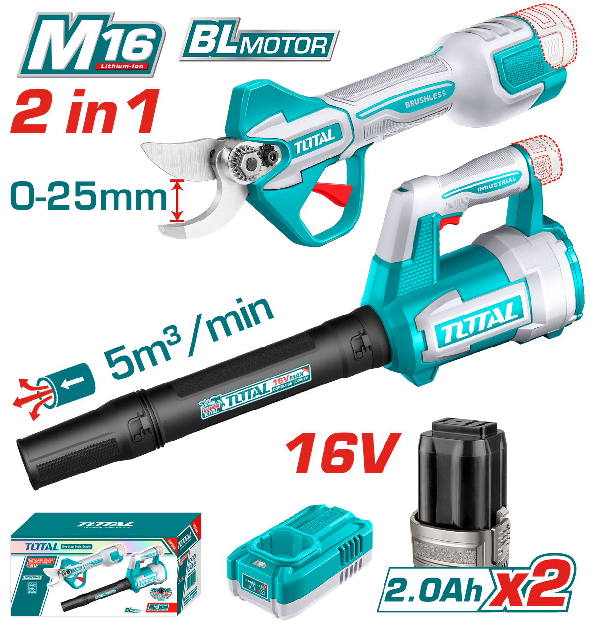 TOTAL Cordless 2pcs Combo Kit – 16V Brushless Gauge Straight Shear & Blower (TOSLI250385)