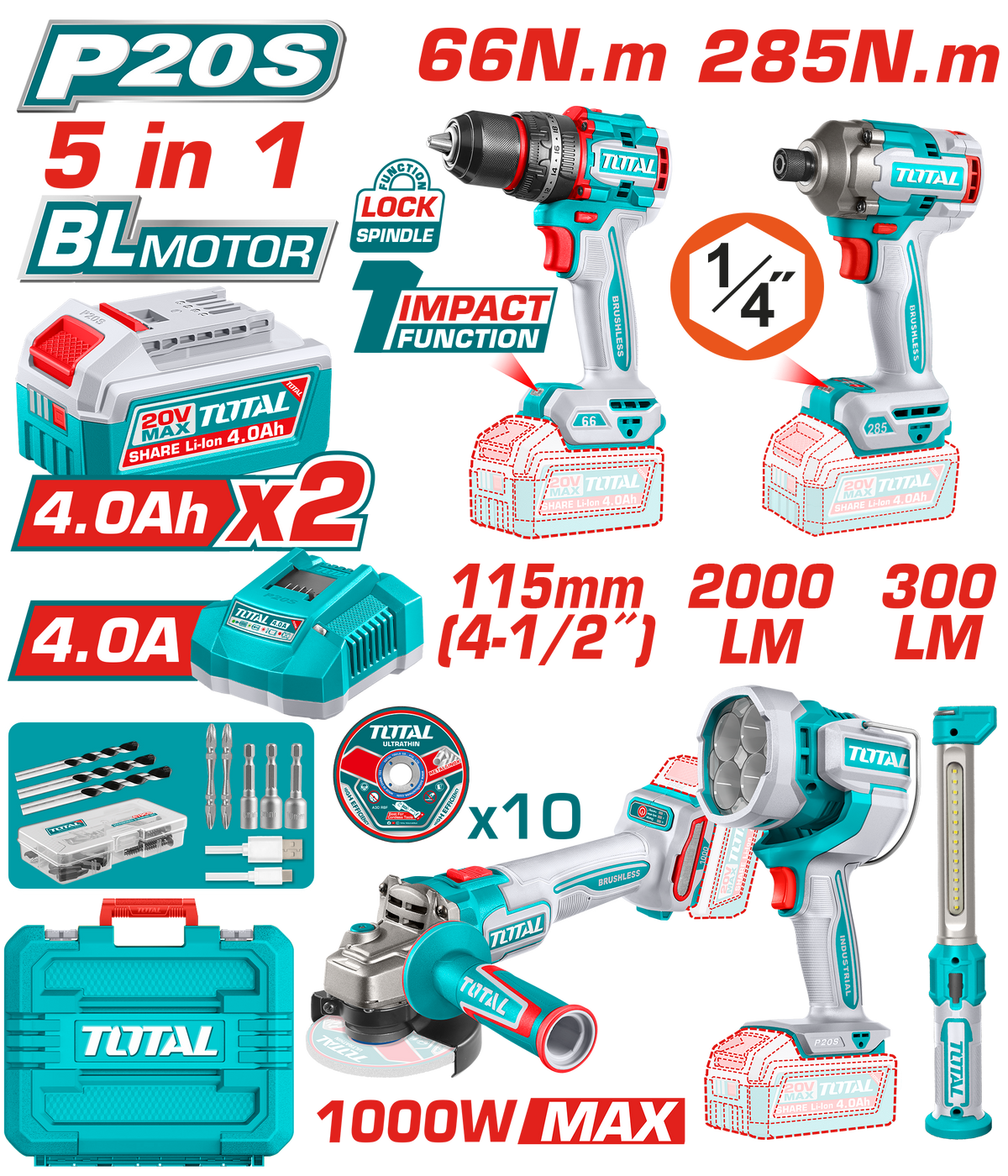 TOTAL Cordless 5 Pcs Combo Kit 20V with Brushless Impact Drill, Impact Driver, Angle Grinder, Work Lamps (TOSLI250692)